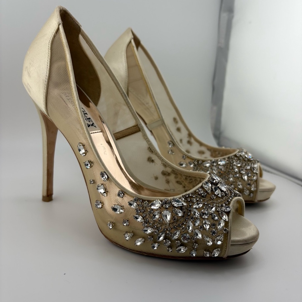 Badgley Mischka Cream Stiletto Heels with Crystal Embellishments.  Size 6.
